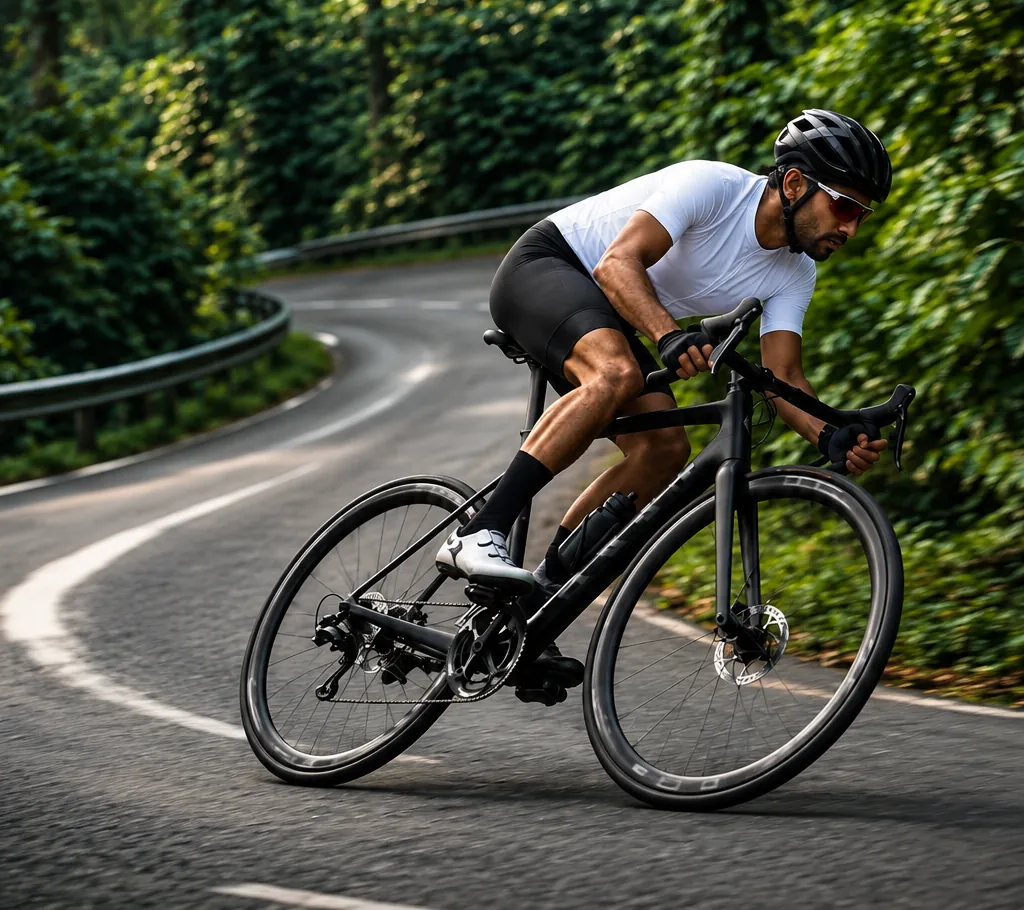 A road cyclist cornering on a winding forest road